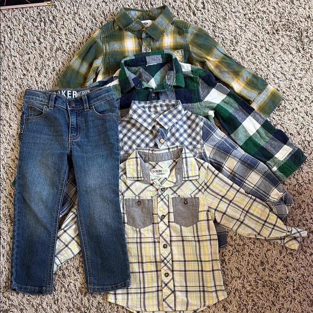 Plaid Kids Shirt Set and Pair of Jeans - Green, Blue, Yellow